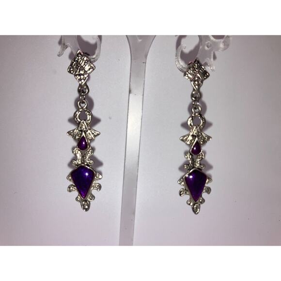 Purple Silver-Tone Art Nouveau Marcasite Drop 2.5" Earrings! - Picture 2 of 12